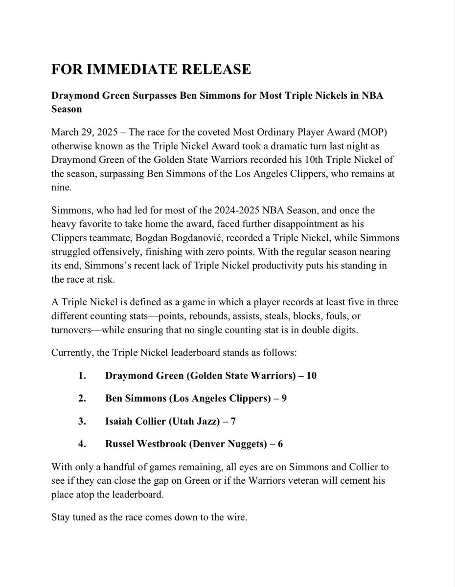 AwardNickel's tweet photo. Press Release 1: March 29, 2025. 

Re: Draymond Green passing Ben Simmons in the Triple Nickel Race. https://t.co/SCTdWD5eWn