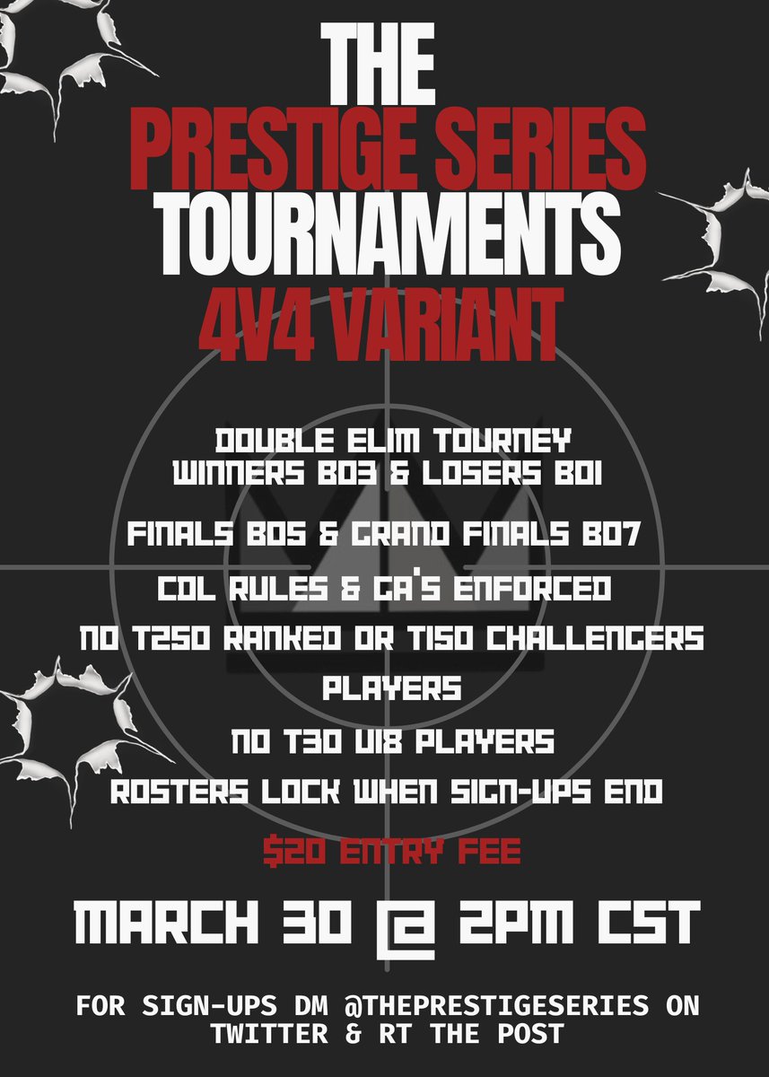 ⚔️4v4 LowTier Variant⚔️ 

📅March 30TH @ 2pm CST 📅
📘CDL RULES &amp; GA's APPLY 📘
🏆$200 PRIZE POOL (BASED OFF 10 TEAMS)🏆

🚨DM to Sign-Up🚨