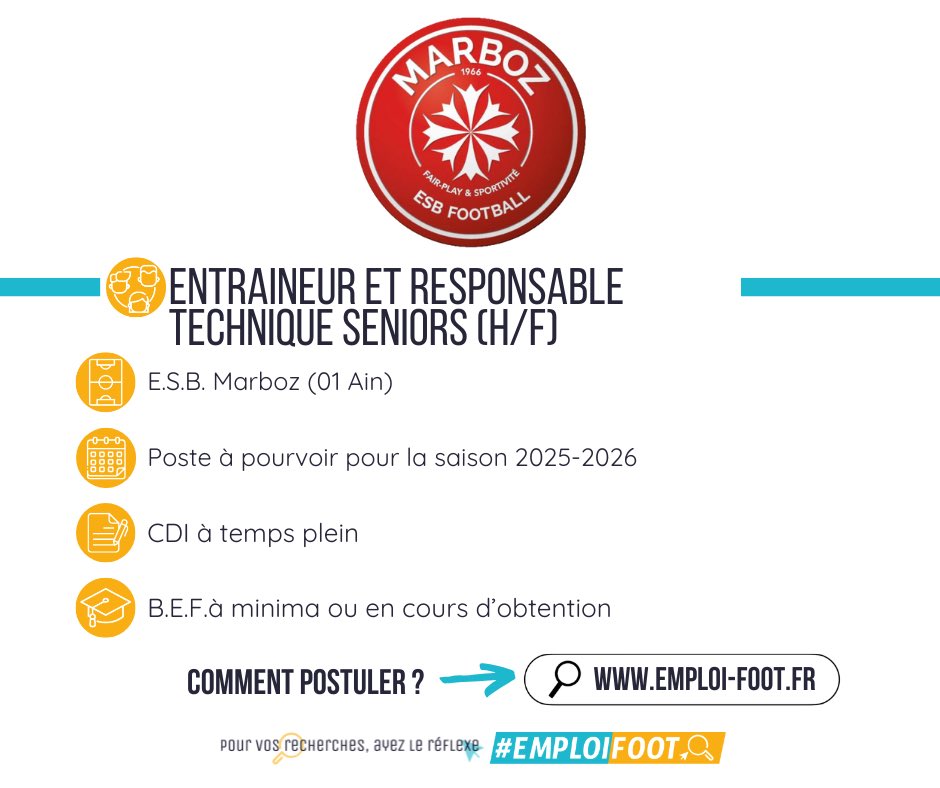 EmploiFoot's tweet photo. ✅ Poste à pourvoir : Entraîneur &amp; responsable technique seniors (H/F) ⚽️

📍 ESB Marboz, District de l'Ain de Football

Pour plus d’infos et pour postuler, cliquez ici : 🔗 

https://t.co/QkRPUsjf7Y

#emploifoot #football #offre #emploi #france #cdi https://t.co/dmOLGq2cZn