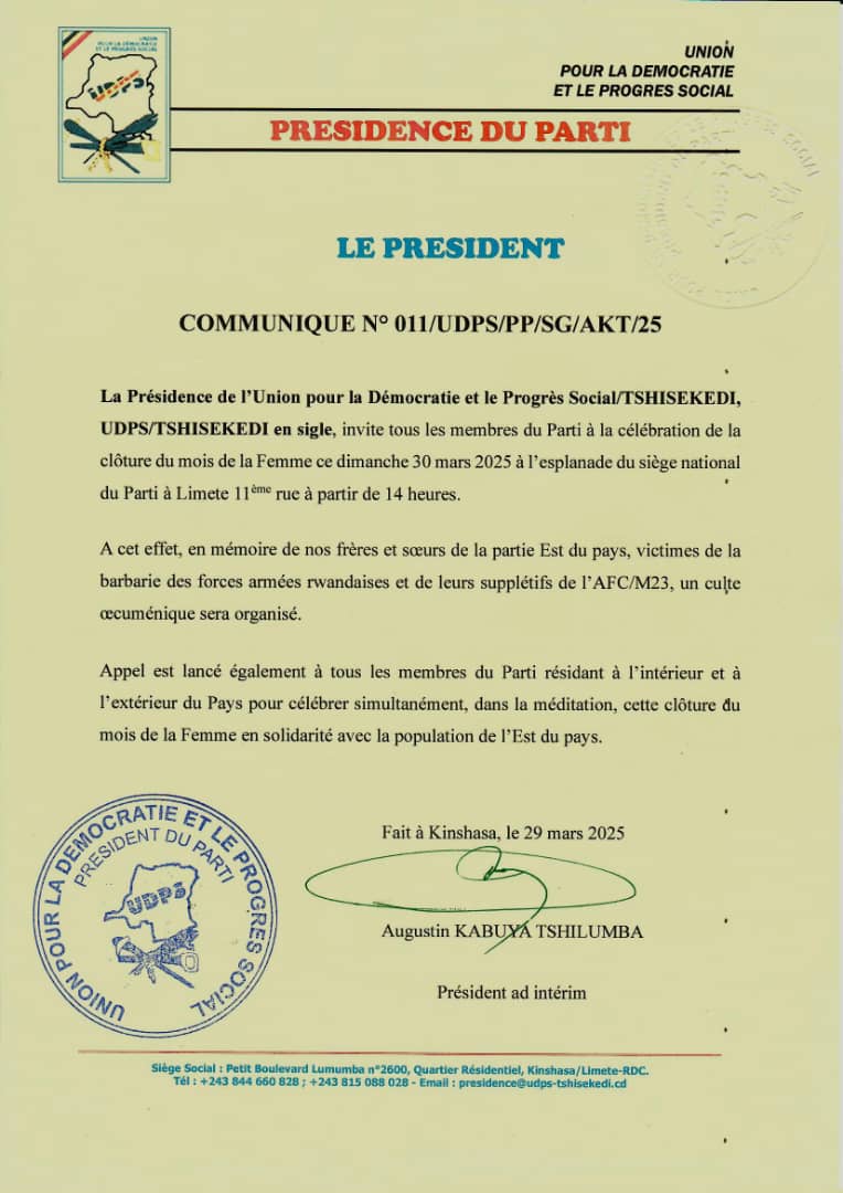 🟦 COMMUNIQUÉ DE LA PRÉSIDENCE DU PARTI N°011 DU 29 MARS 2025.
