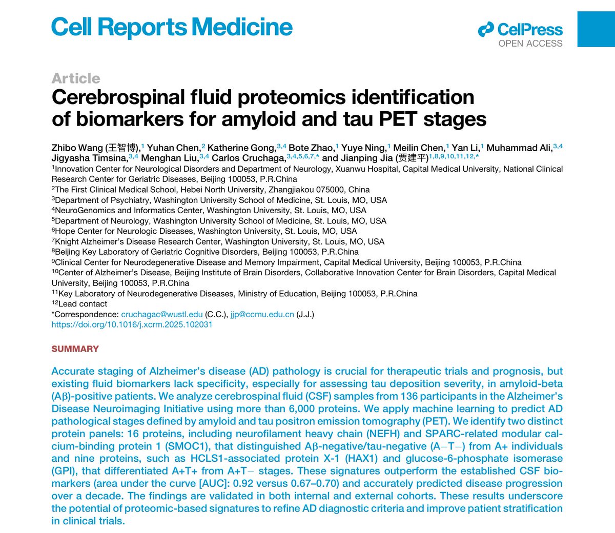 Carlos Cruchaga (@ccrugom) on Twitter photo Large Scale proteomics is opening the door to identify novel biomarkers for complex disease. In this study we used Machine learning approaches and CSF proteomics to create predictive models for Amyloid and Tau-PET stages. cell.com/cell-reports-m… <a href="/WashUMedADRC/">WashU Medicine Knight ADRC</a> <a href="/WashUNeurology/">WashU Medicine Neurology</a> Large Scale proteomics is opening the door to identify novel biomarkers for complex disease. In this study we used Machine learning approaches and CSF proteomics to create predictive models for Amyloid and Tau-PET stages. cell.com/cell-reports-m… <a href="/WashUMedADRC/">WashU Medicine Knight ADRC</a> <a href="/WashUNeurology/">WashU Medicine Neurology</a>