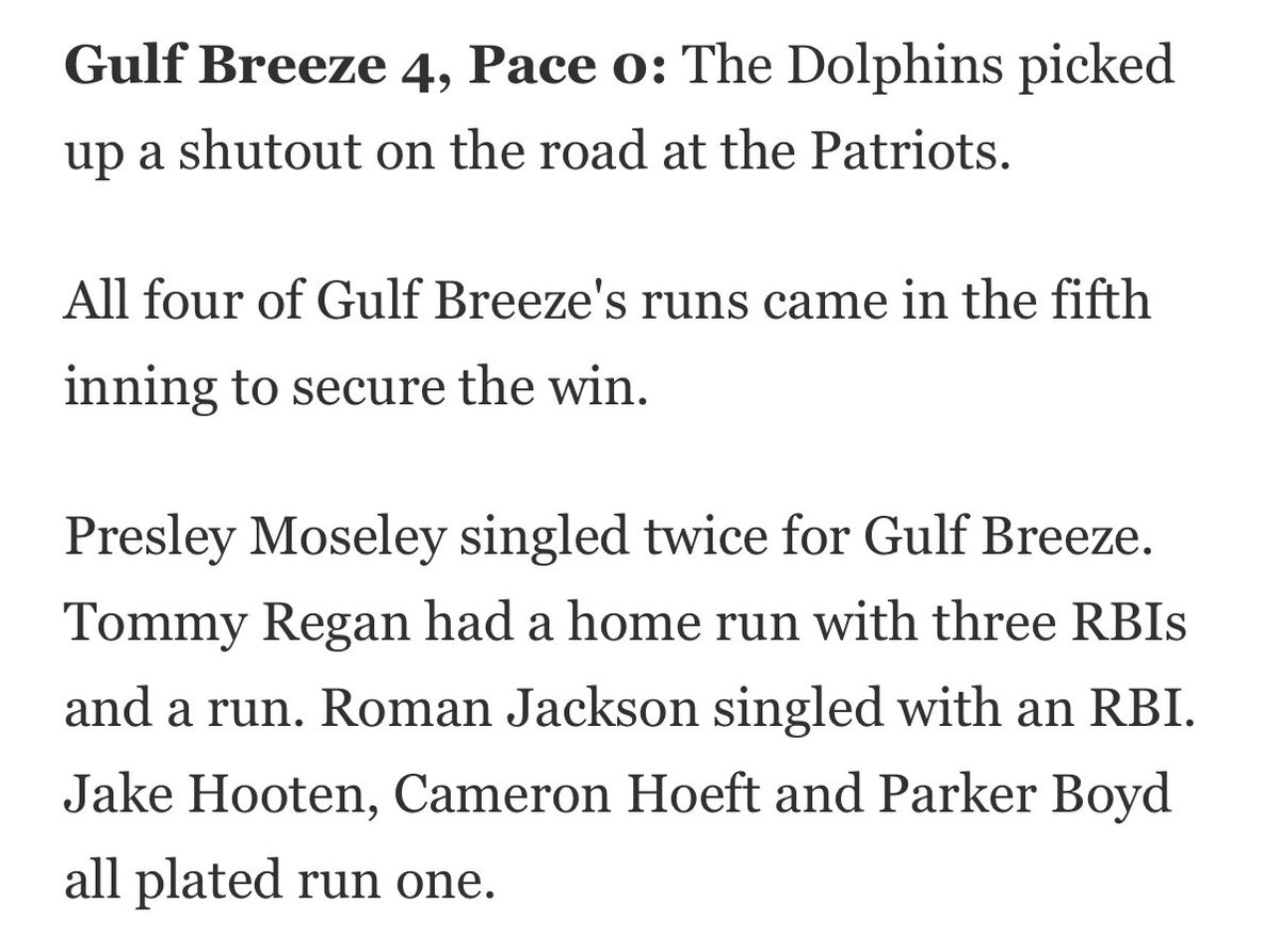 Presley Moseley (@moseleypresley) on Twitter photo Big win last night shutting out Pace 4-0. Proud of my dawgs!
<a href="/kevinberry850/">Kevin Berry</a> <a href="/baseball_GBHS/">Gulf Breeze High School Boosters Baseball</a> @teamelitenation <a href="/BenGriecoSports/">Ben T. Grieco</a> <a href="/PG_Scouting/">Perfect Game Scout</a> <a href="/Florida_PG/">Perfect Game Florida</a> <a href="/PGShowcases/">PG Showcases</a> <a href="/CoastRecruits/">Coast 2 Coast Recruits</a> <a href="/prospectdugout/">Prospect Dugout</a> <a href="/PG_Uncommitted/">PG_Uncommitted</a> <a href="/BUncommitted/">Baseball_Uncommitted</a> <a href="/BaseballCf/">CF Uncommitted Baseball</a> <a href="/FlatgroundApp/">FLATGROUND Pitching</a> <a href="/FlatgroundBats/">FLATGROUND Hitting</a> <a href="/TopPreps/">College Coach / College Scout / College Recruiter</a> Big win last night shutting out Pace 4-0. Proud of my dawgs!
<a href="/kevinberry850/">Kevin Berry</a> <a href="/baseball_GBHS/">Gulf Breeze High School Boosters Baseball</a> @teamelitenation <a href="/BenGriecoSports/">Ben T. Grieco</a> <a href="/PG_Scouting/">Perfect Game Scout</a> <a href="/Florida_PG/">Perfect Game Florida</a> <a href="/PGShowcases/">PG Showcases</a> <a href="/CoastRecruits/">Coast 2 Coast Recruits</a> <a href="/prospectdugout/">Prospect Dugout</a> <a href="/PG_Uncommitted/">PG_Uncommitted</a> <a href="/BUncommitted/">Baseball_Uncommitted</a> <a href="/BaseballCf/">CF Uncommitted Baseball</a> <a href="/FlatgroundApp/">FLATGROUND Pitching</a> <a href="/FlatgroundBats/">FLATGROUND Hitting</a> <a href="/TopPreps/">College Coach / College Scout / College Recruiter</a>