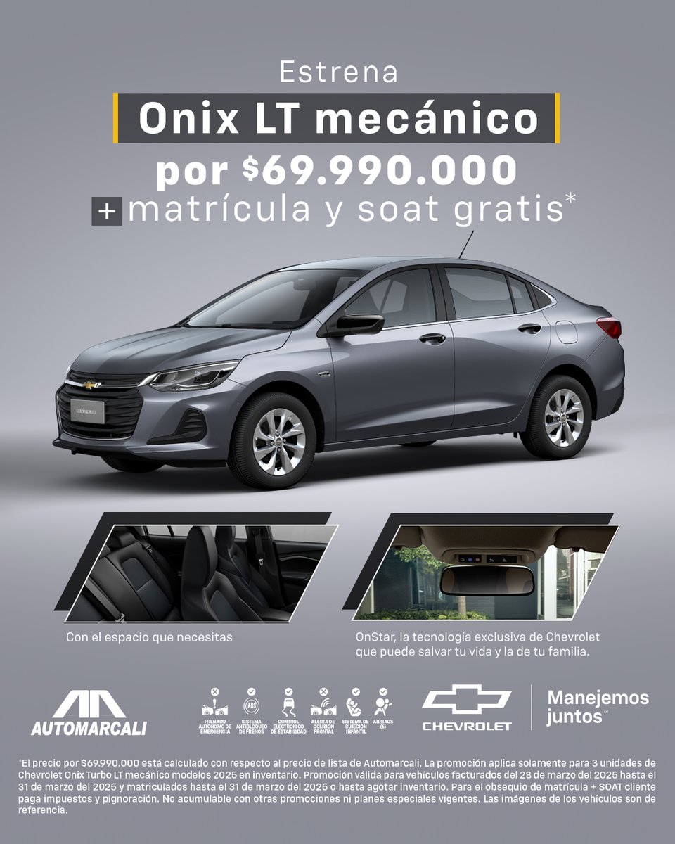 Automarcali's tweet image. 💫 ¡Estrena tu Onix LT mecánico por solo $69.990.000*!

👉 ¡Incluye matrícula y SOAT gratis*!

📱 WhatsApp: bit.ly/3127070143.

📍 Vitrina: Pasoancho con 70.

📄 *(Aplican términos y condiciones).