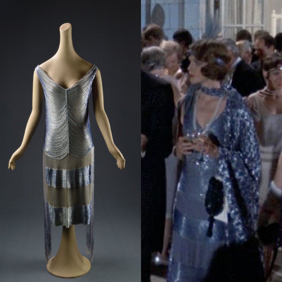 The Great Gatsby premiered in America #OnThisDay in 1974. Theoni V.  Aldredge designed this light blue silk beaded flapper dress lined with navy  silk charmeuse and overlaid with pale grey souffle that
