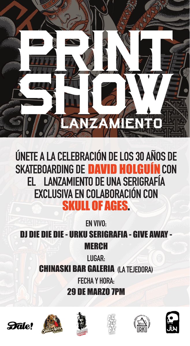 Los esperamos hoy sábado 29 en la noche, en el Chinaski. 🛹💀♥️🎨

•Lanzamiento de print
•Die Die Die set de vinilos
•Serigrafía en vivo 

Celebrando los 30 años de skateboarding de David Holguín.
