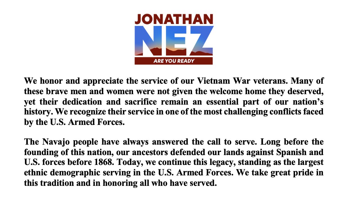 FormerPrezNez's tweet image. We honor and appreciate the service of our Vietnam War veterans. Many of these brave men and women were not given the welcome home they deserved, yet their dedication and sacrifice remain an essential part of our nation’s history. We recognize their service in one of the most…