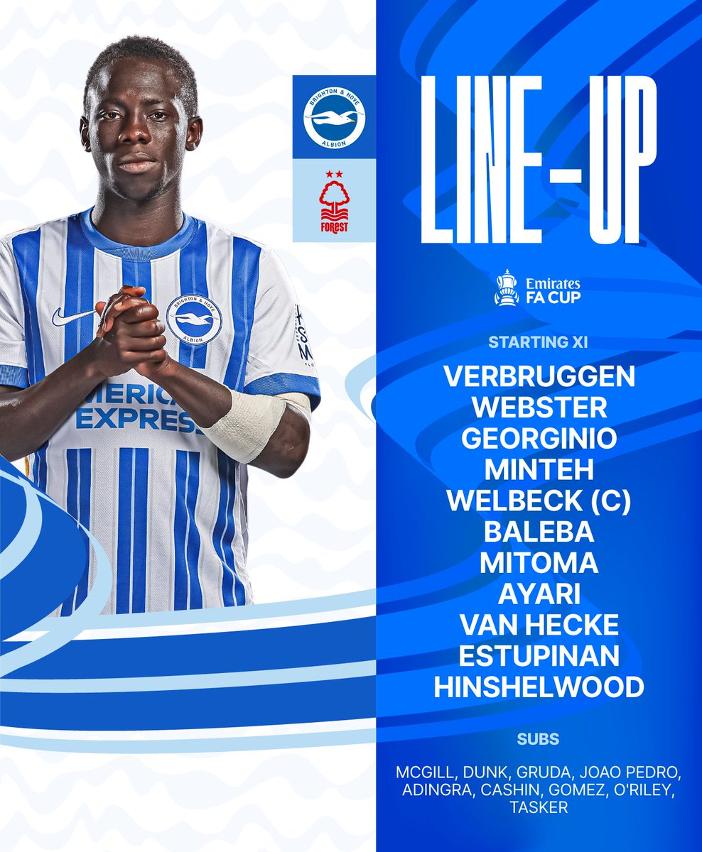 Albion v Forest starting XI graphic featuring Yankuba in our home kit alongside today's team: Verbruggen, Webster, Georginio, Minteh, Welbeck (C), Baleba, Mitoma, Ayari, van Hecke, Estupinan, Hinshelwood. Subs: McGill, Dunk, Gruda, Joao Pedro, Adingra, Cashin, Gomez, O'Riley, Tasker. 

Come on Albion!