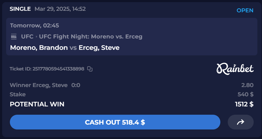 Placed my bet on Steve Erceg to win at 2.80 odds! 💰 $540 stake for a potential $1512 payout at #UFCFightNight in Mexico 🇲🇽 Moreno vs. Erceg goes down tonight at 02:45! Who’re you betting on? 🥊 #UFCMexico #MorenoVsErceg #UFC2025 #MMA