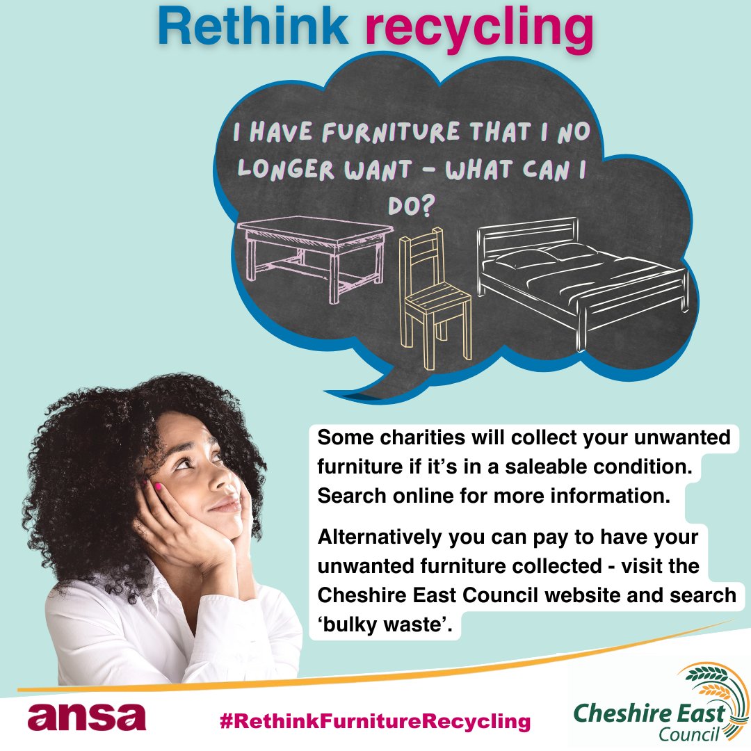 Ansa_Services (@ansa_services) on Twitter photo Got unwanted furniture in good condition? ๐๏ธโจ Consider donating it to a #charity! If that's not an option, you can pay to have it collected. For more details, visit the Cheshire East website: ecs.page.link/Nm1LL #Sustainability #RethinkFurnitureRecycling #RethinkRecycling Got unwanted furniture in good condition? ๐๏ธโจ Consider donating it to a #charity! If that's not an option, you can pay to have it collected. For more details, visit the Cheshire East website: ecs.page.link/Nm1LL #Sustainability #RethinkFurnitureRecycling #RethinkRecycling