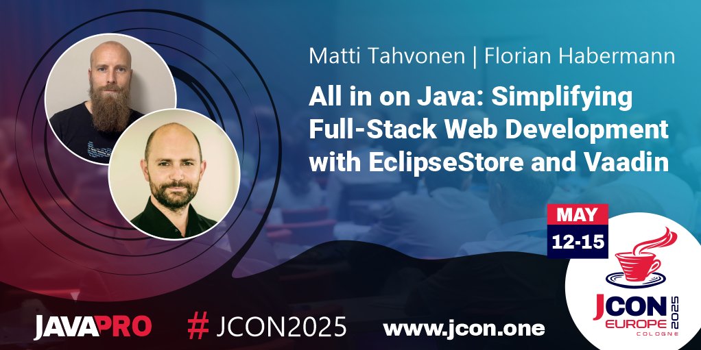 Excited for #JCON EUROPE 2025? See <a href="/MattiTahvonen/">Matti Tahvonen</a> &amp; <a href="/FHHabermann/">Florian Habermann</a> at #JCON2025 in Cologne talking about 'All in on #Java: Simplifying Full-Stack Web #Development with #EclipseStore and #Vaadin'

#Developers often juggle multiple languages, libraries, and frameworks …

Get your