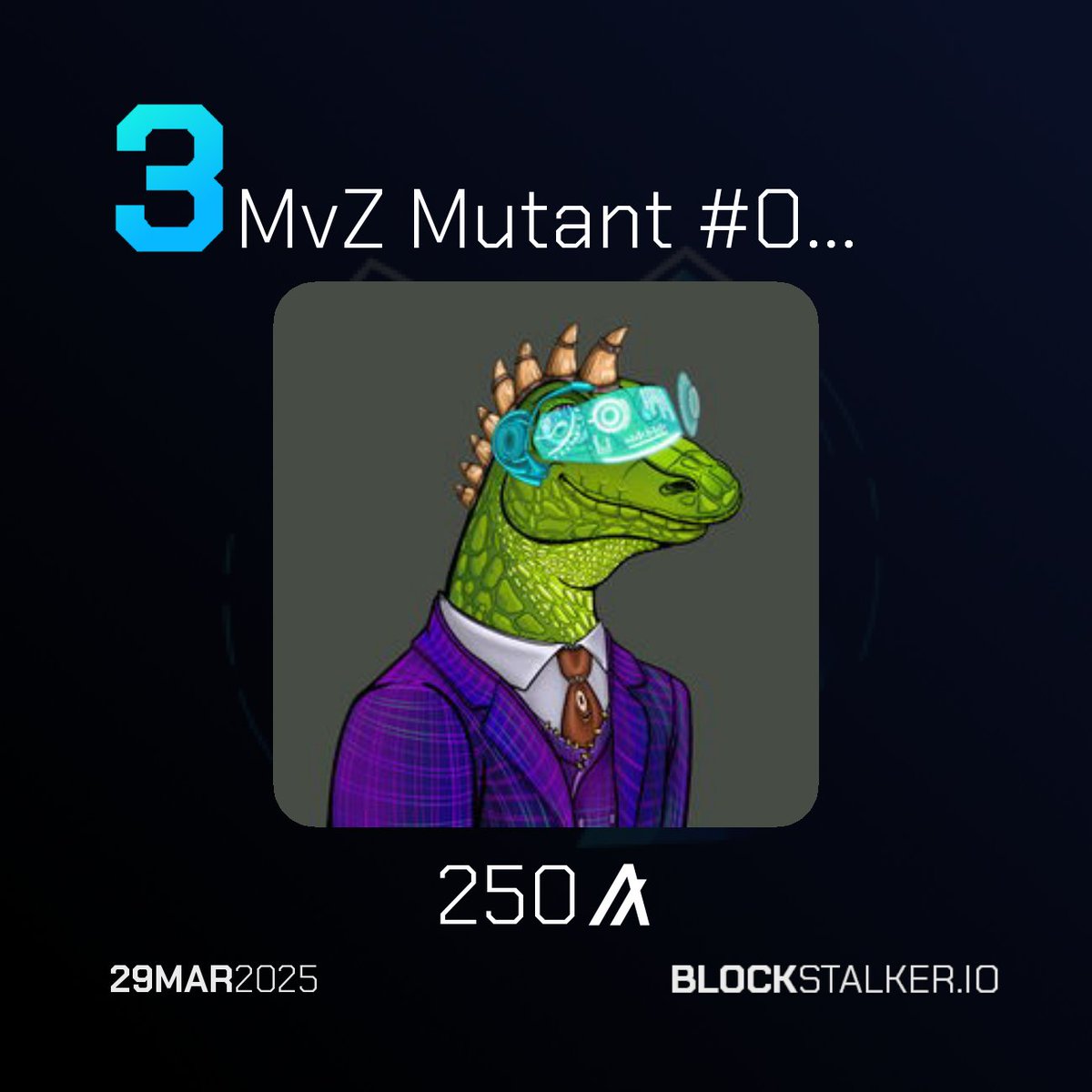 BlockStalkerBot's tweet image. BlockStalker.IO Daily Digest
Top 3 NFT Sales 🖼️
└ 🥇 Dynamic Goanna 002
└ 🥈 MvZ Zombie #0185
└ 🥉 MvZ Mutant #0185