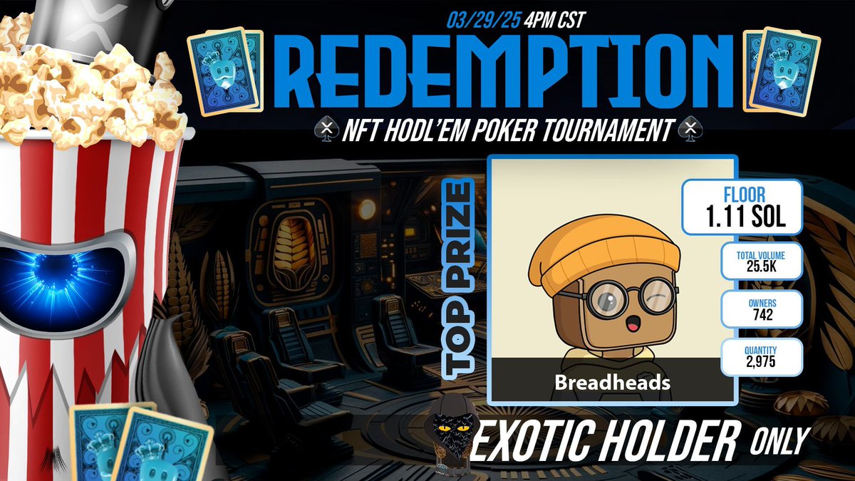 CryptoCorn (@cryptocorn_io) on Twitter photo β οΈ REDEMPTION β οΈ
Poker Tournament Today at 4pm CSTβ°
π Win this awesome <a href="/breadheadnfts/">Breadheads</a> NFT
βοΈ Exotic Holder's ONLY
Check out our website, your central hub for navigating the CryptoCorn ecosystem π
cryptocorn.io β οΈ REDEMPTION β οΈ
Poker Tournament Today at 4pm CSTβ°
π Win this awesome <a href="/breadheadnfts/">Breadheads</a> NFT
βοΈ Exotic Holder's ONLY
Check out our website, your central hub for navigating the CryptoCorn ecosystem π
cryptocorn.io