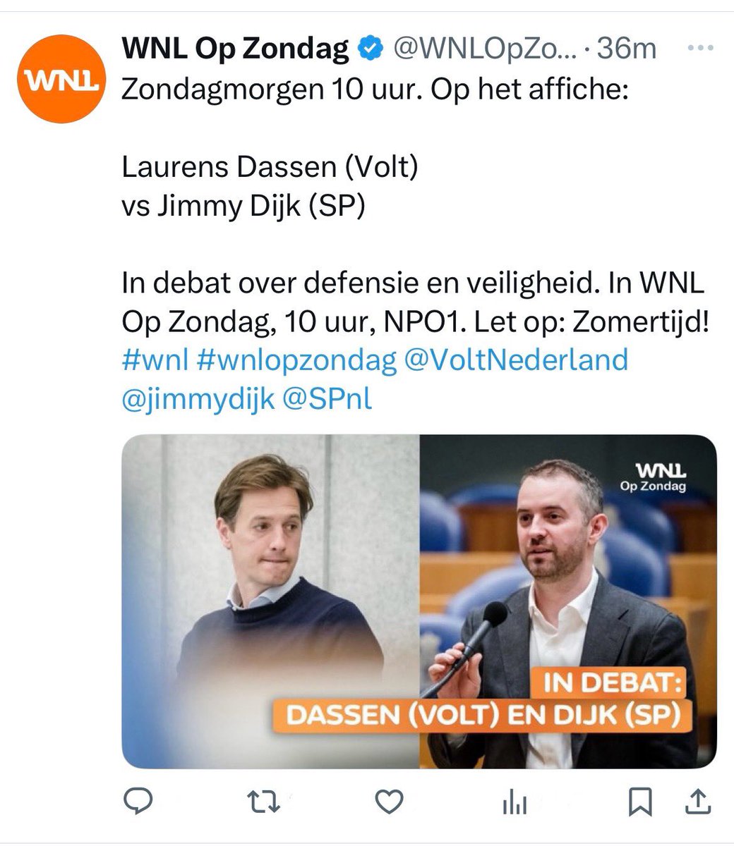 HOE DAN?..

Een debat over defensie en veiligheid tussen <a href="/DassenLaurens/">Laurens Dassen 👋</a> van <a href="/VoltNederland/">Volt Nederland 👋</a> (2 zetels in de TK) en @JimmyDijk van <a href="/SPnl/">SP</a> (5 zetels in de TK)… Totaal irrelevant derhalve…

Gaat het wel goed met jullie <a href="/WNLOpZondag/">WNL Op Zondag</a>?..
#WNL #WNLopZondag