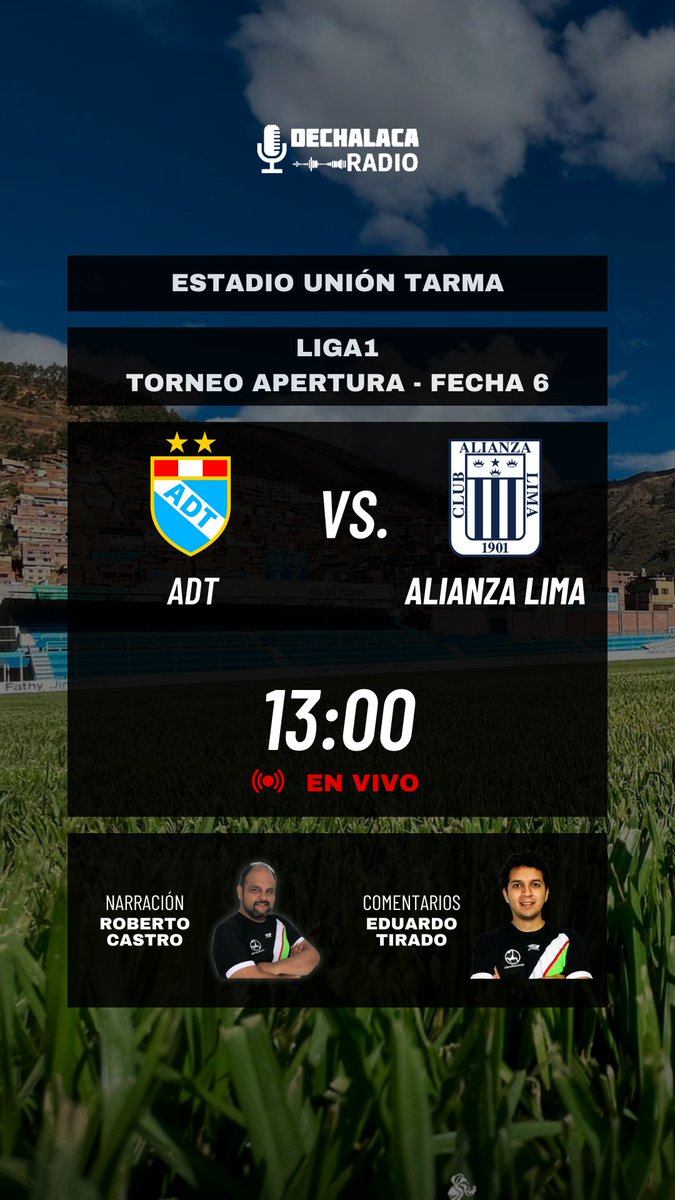 🇵🇪 #Liga1 - Torneo Apertura - fecha 6

En el duelo de la fecha, el cuadro íntimo se presenta -contra viento y marea- en Tarma para visitar al 'Vendaval del Centro'

🌬️ ADT 🆚 Alianza Lima ❤️
🏟 Estadio Unión Tarma

🎙 Narración: <a href="/rcastrolizarbe/">Roberto Castro</a>
🗣 Comentarios: <a href="/EduardoTL/">Eduardo Tirado</a> 

🎧