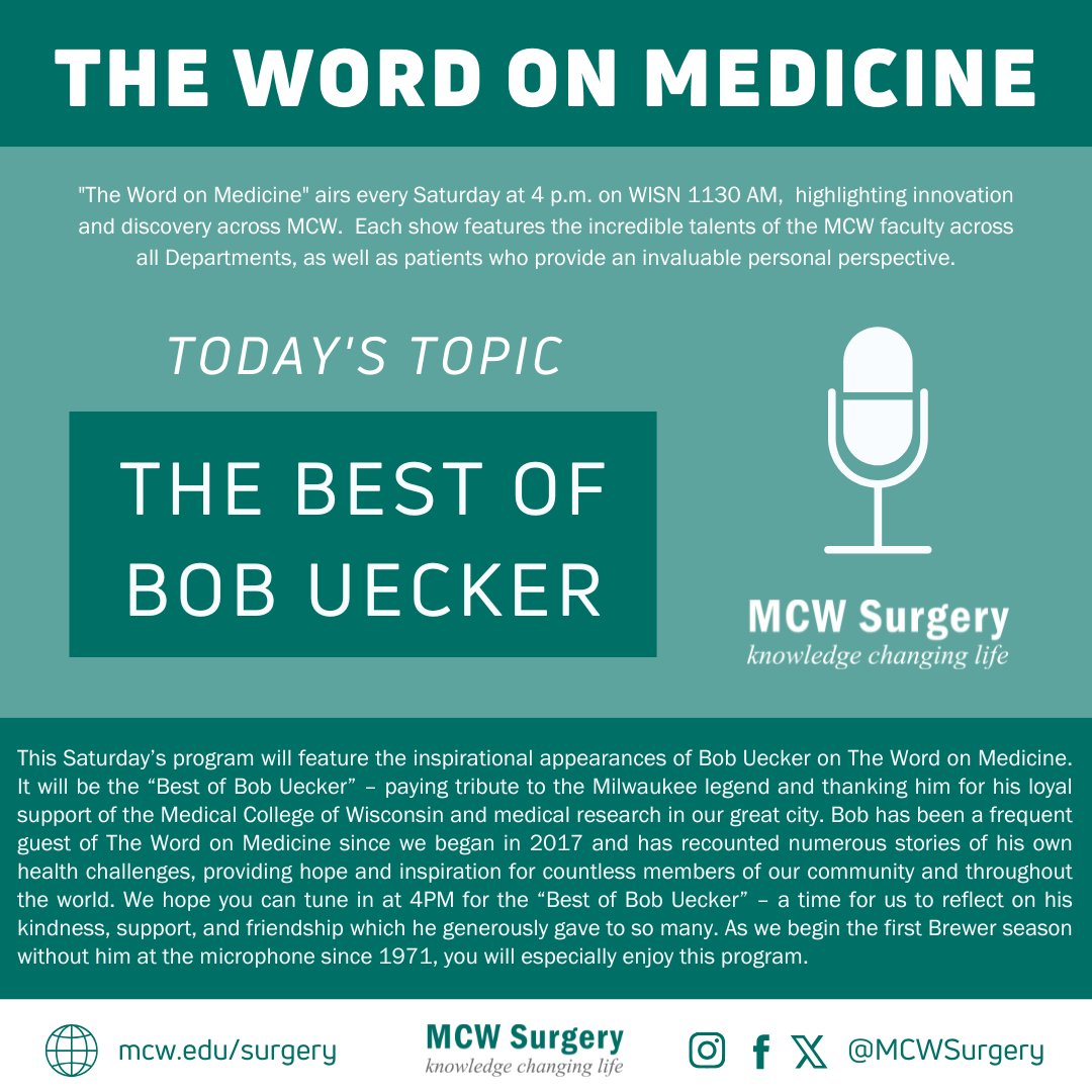 MCW Surgery (@mcwsurgery) on Twitter photo The #WordOnMedicine airs today at 4PM on <a href="/newstalk1130/">News/Talk 1130 WISN</a> & features the inspirational appearances of Bob Uecker on The Word on Medicine.
Listen live here: t.ly/UPWW
All #WOM Episodes: t.ly/bsKQ
<a href="/MedicalCollege/">Medical College of Wisconsin</a> #LeadingTheWay The #WordOnMedicine airs today at 4PM on <a href="/newstalk1130/">News/Talk 1130 WISN</a> & features the inspirational appearances of Bob Uecker on The Word on Medicine.
Listen live here: t.ly/UPWW
All #WOM Episodes: t.ly/bsKQ
<a href="/MedicalCollege/">Medical College of Wisconsin</a> #LeadingTheWay
