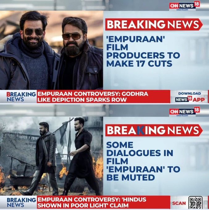 Vipsram's tweet photo. Really 😂😂 a 15 minutes scene from a mass masala entertainer movie can shake and shatter the largest political party in power 🤣 

#Empuran #Mohanlal #Prithviraj #MuraliGopy #Gujarat #riots #Godhra https://t.co/XSV943mITl