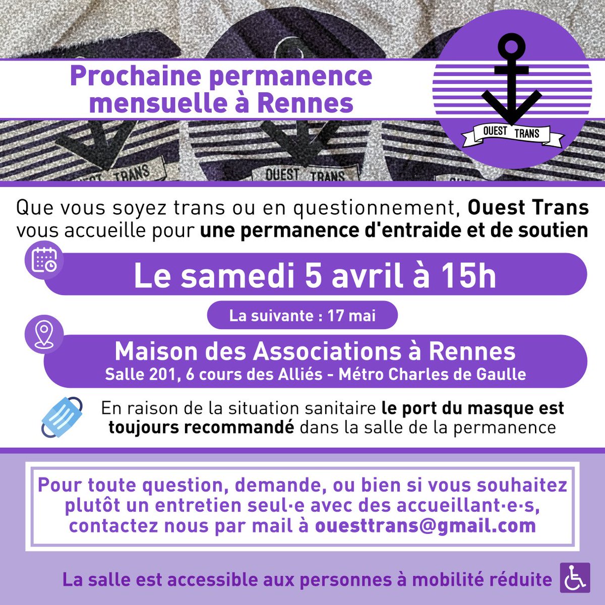 🏳️‍⚧️ PROCHAINE PERMANENCE
RDV à Rennes, le 5 avril prochain, pour un moment entre personnes trans et en questionnement