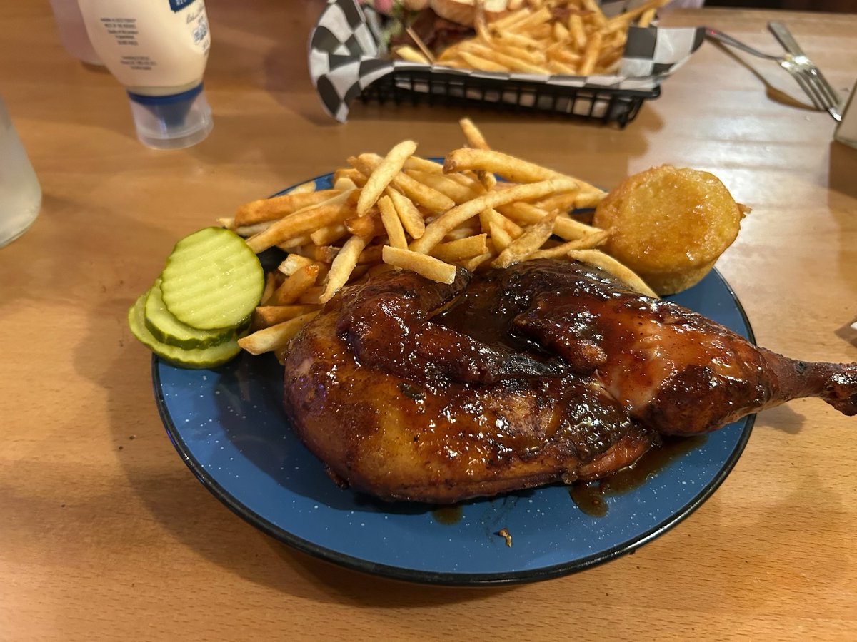 BobsEats's tweet photo. Amazing deviled eggs. Lagerheads. And now the half chicken. https://t.co/xMnh6S2ord