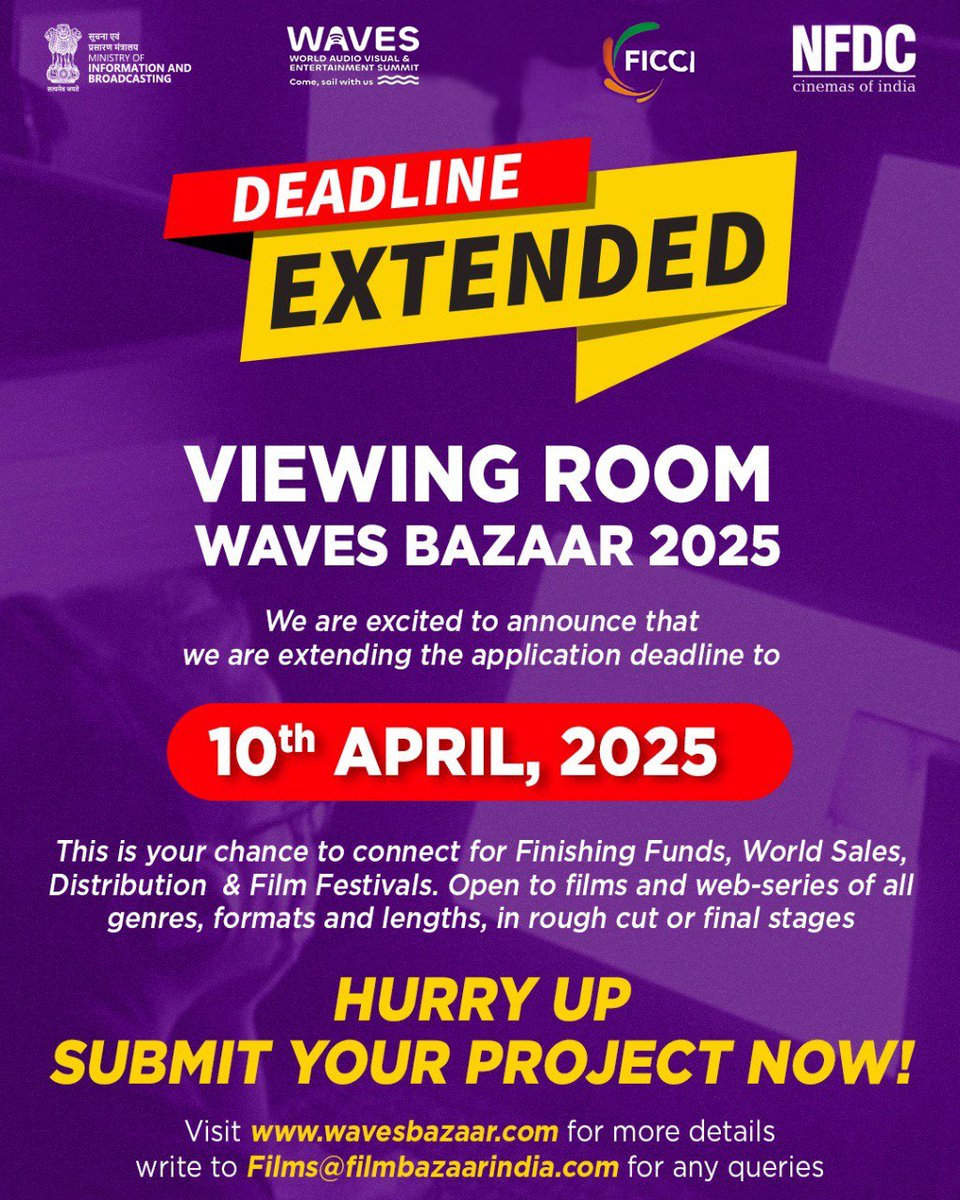 FICCI FRAMES (@ficciframes) on Twitter photo Deadline Extended!!!
Hurry Up, Submit your Project for Viewing Room at WAVES Bazaar 2025 till 10 April 2025.
Visit wavesbazaar.com for more details or write to films@filmbazaarindia.com for any queries. Deadline Extended!!!
Hurry Up, Submit your Project for Viewing Room at WAVES Bazaar 2025 till 10 April 2025.
Visit wavesbazaar.com for more details or write to films@filmbazaarindia.com for any queries.