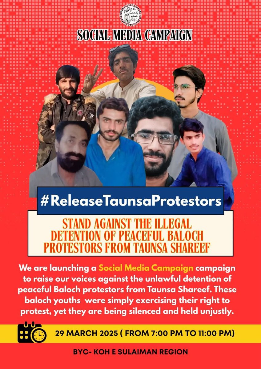 TA_Baluch's tweet photo. BYC Koh e Suleman Region is launching a Social Media compaign against the unlawful detention of peaceful protestors from Taunsa. Raise your voice for their immediate and safe release.

#ReleaseTaunsaProtestors 
#StopBalochGenocide 

@sadiabalochssb @amnesty @Alijanmaqsood12 https://t.co/wT6AgjaB9M