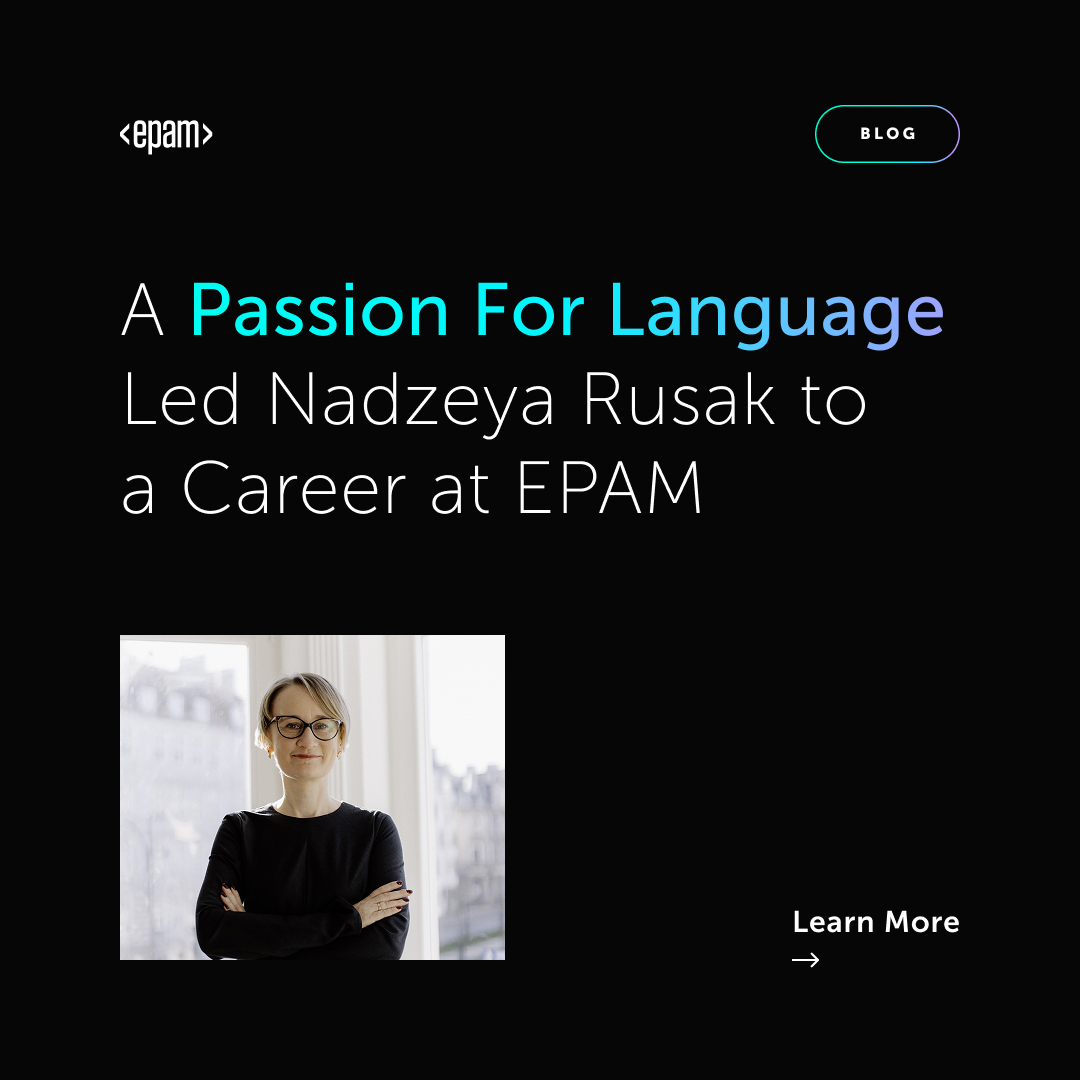 EPAMSystems's tweet photo. A commitment to excellence and a great learning environment has made EPAM’s Language Training team, led by Nadzeya Rusak, an award-winning program. Discover Nadzeya’s leadership story and read why she chooses to grow her career at EPAM: https://t.co/ec2DPVJFw9 #InsideEPAM https://t.co/WTXkJalYvE