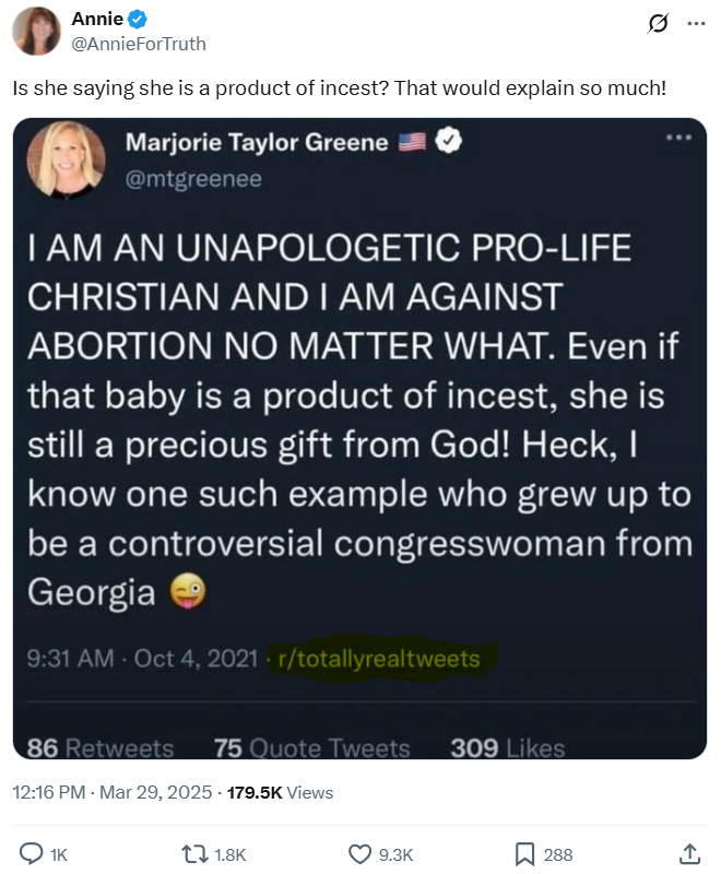 This is a fake tweet and was never posted by Rep Marjorie Taylor Greene. That "r/totallyrealtweets" subreddit might be a bit of a clue.