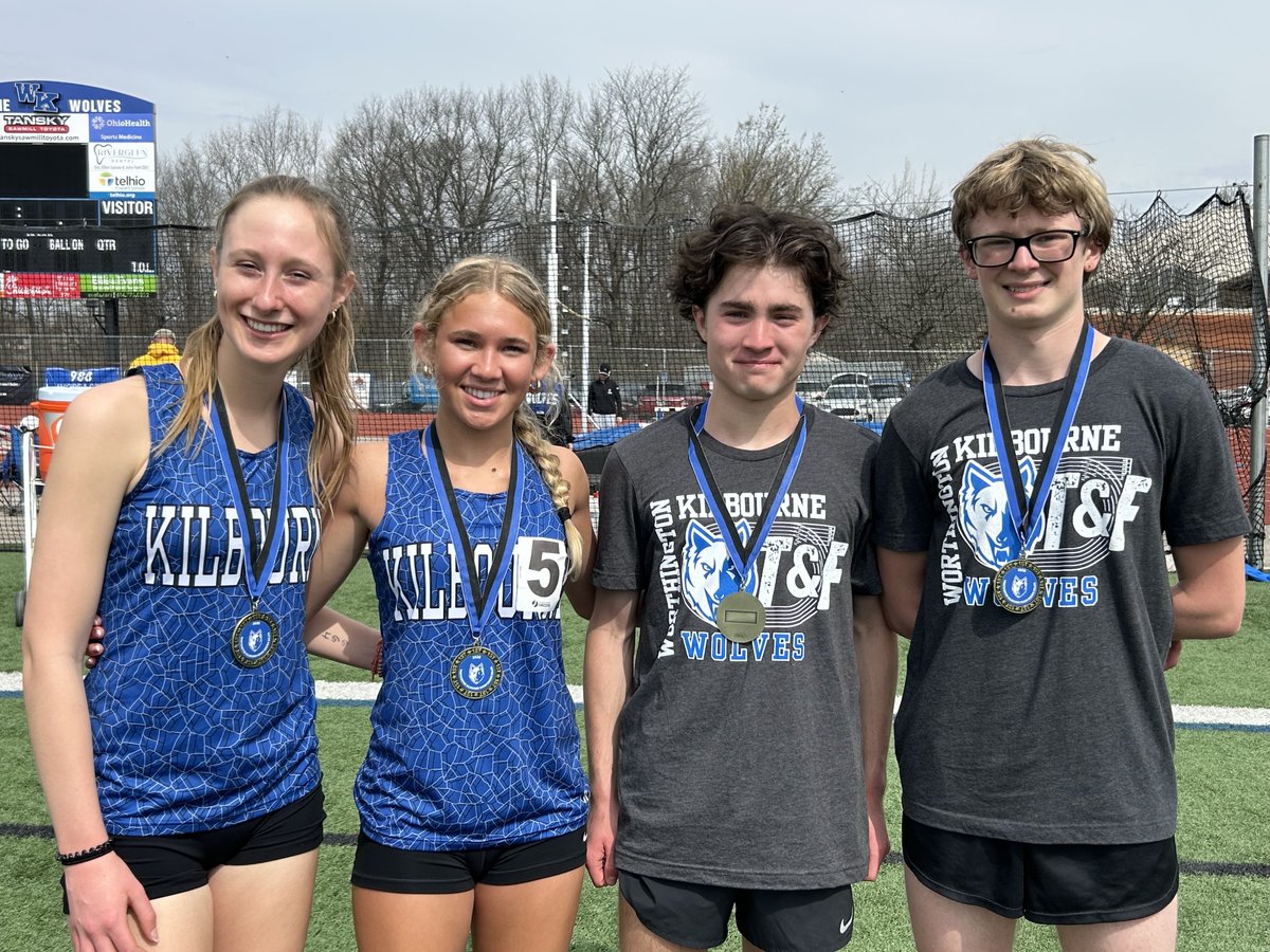 The Wolves are the FIRST place finishers in the 4x1600 - 20:23.09: Kaitlyn Bradshaw, Abby Gerschutz, John Battle, and Hayden McComb!
