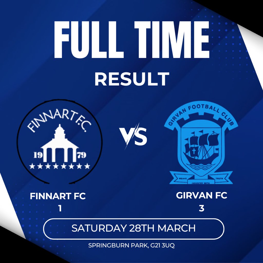 🔵⚫️ FULL TIME RESULT 🔵⚫️ 

Finnart - 1 
Girvan - 3 ⚽️👏

It’s a brilliant performance away from home to bring the points back to Girvan! 

First half goals from CT and Scooby and a second half goal from Euan confirms the win 👏💙🖤

Back to back wins and back home against Dalry