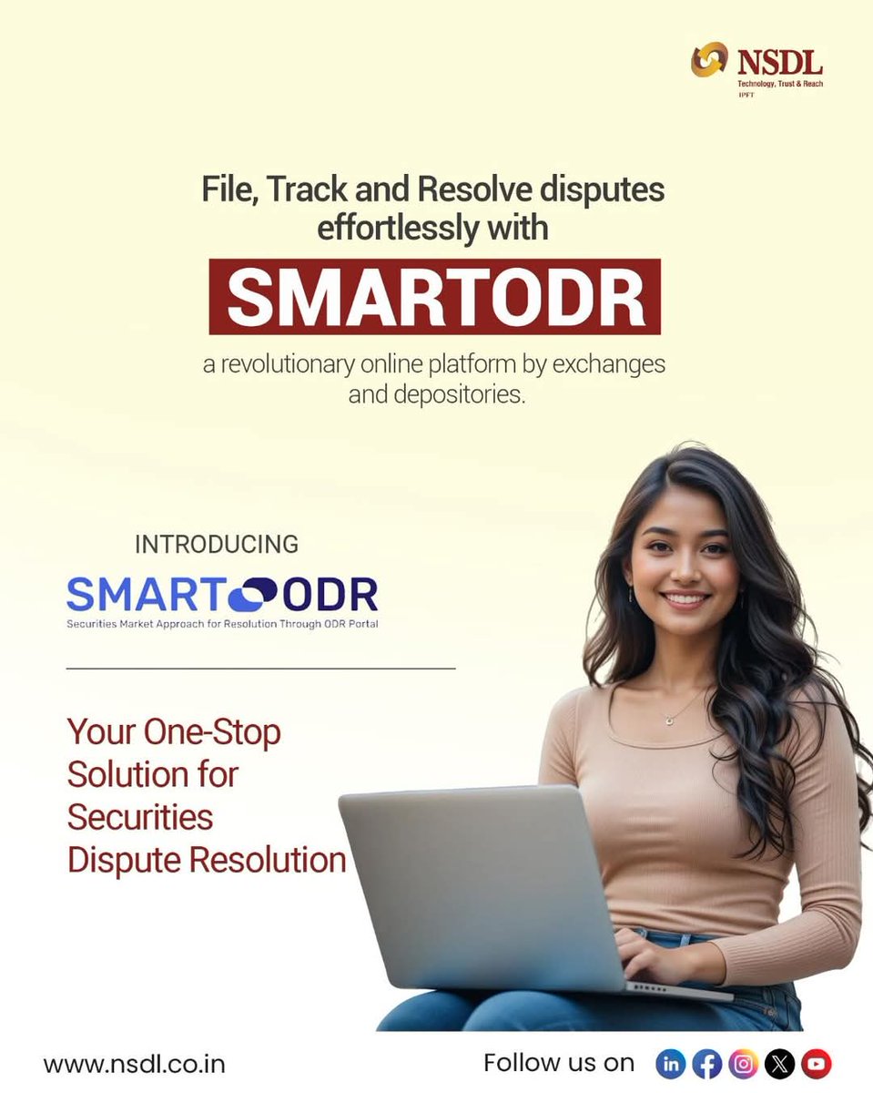 NSDL_Depository's tweet photo. Resolve Disputes Effortlessly: Use SMART ODR, a revolutionary online platform for securities dispute resolution.

File, track, and resolve disputes with ease.

#NSDL #SEBI #SMARTODR #JaankarHiAsardaar #investoreducation #Financialeducation #Demat #Demataccount #Capitalmarket #Investment #Invest #Finance #Financialfreedom #Depository #Prudentinvestor #eCAS #speedE