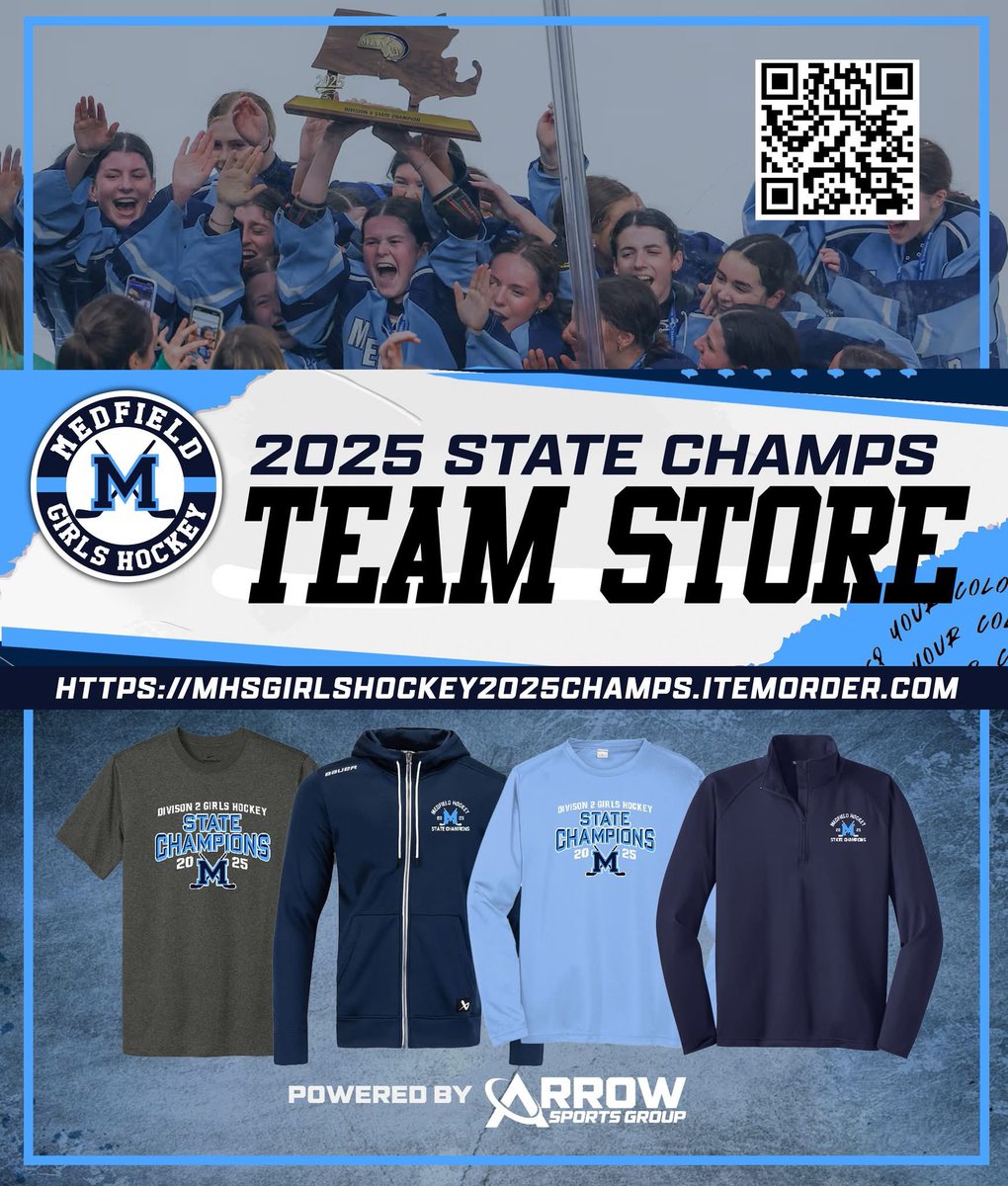 Please feel free to look through and order your MEDFIELD D2 State Championship MERCH! The link closes on April 10. Thank you to Arrow Sports and Team Sales in Sharon for such a wide variety of options! Use the QR code to order or the link below.#buylocal. 
mhsgirlshockey2025champs.itemorder.com