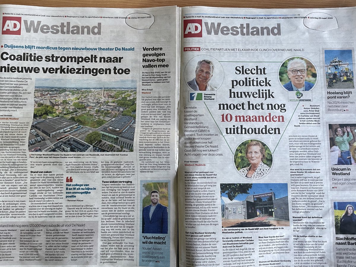Caroolienvm's tweet image. Het AD Westland heeft op vrijdag en op zaterdag op voor pagina zelfde nieuws gemeld. Theater de Naald. Is er dan echt geen ander spannend nieuws???