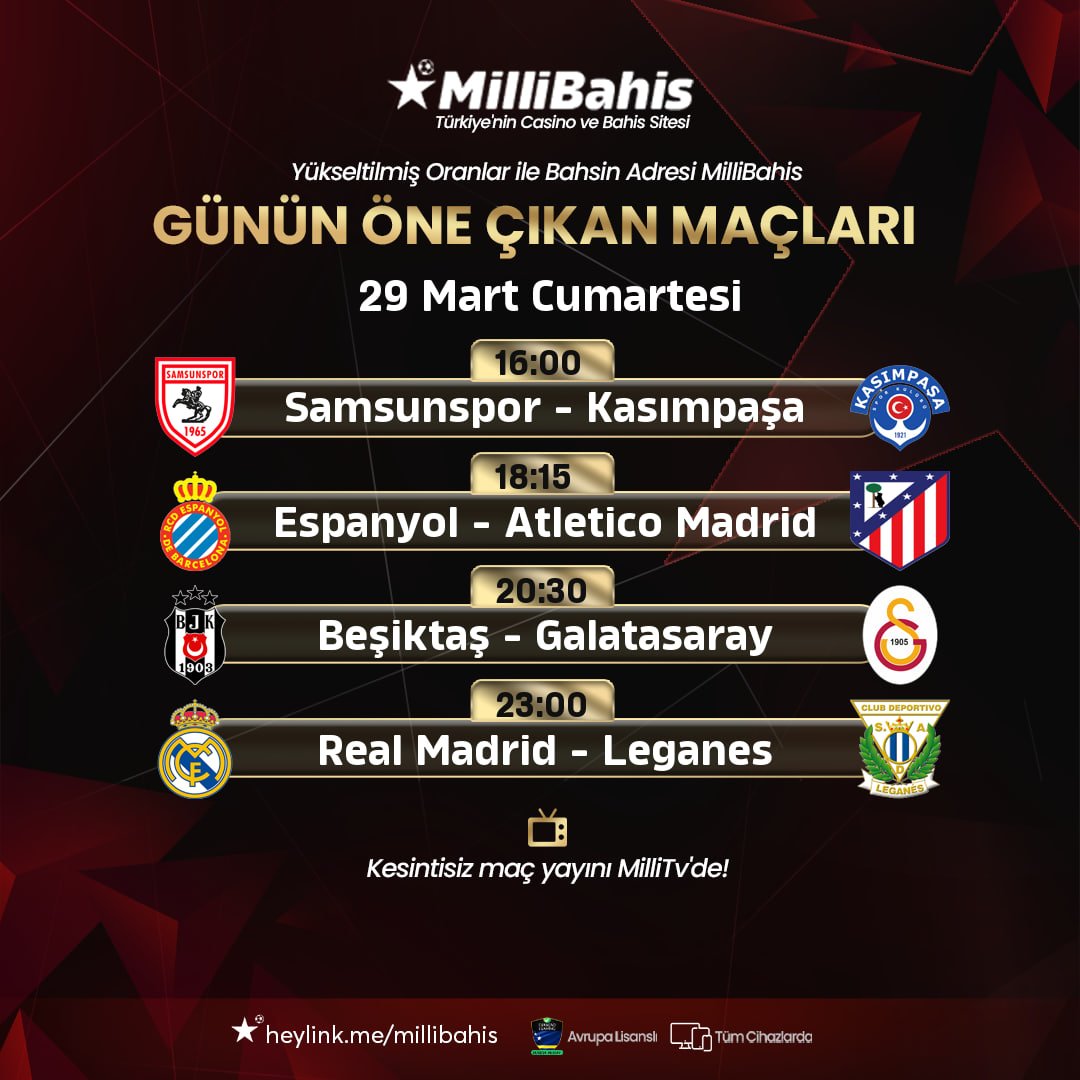 ⚽️Günün Maçları Milli Bahis'te Seni Bekliyor!

🔝 Günün maçlarına özel oranlar ile maç keyfini katlayacak anlar için hemen yerini al.

💵 Bahsini Yap Kazanmaya Milli Bahis’te Başla!

⛓️t2m.io/millibahis