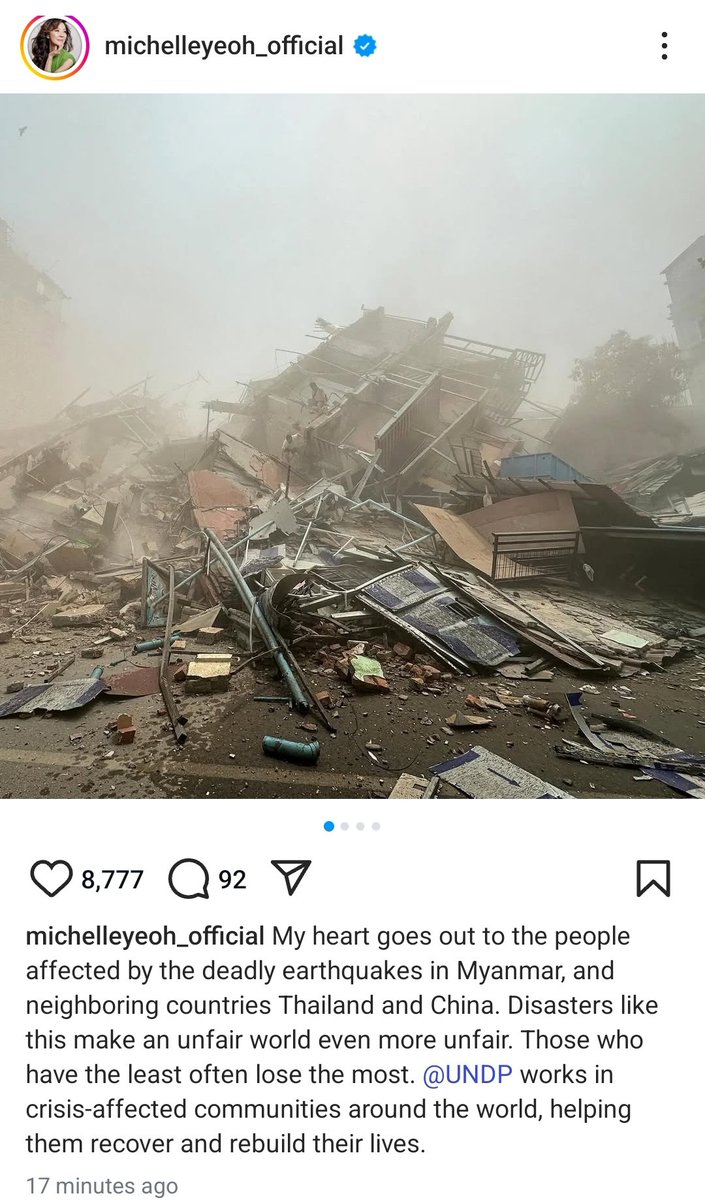 MayWongCNA's tweet image. &quot;Disasters like this make an unfair world even more unfair. Those who have the least often lose the most&quot; says Oscar-winning actress &amp;amp; @UNDP Goodwill Ambassador @michelle_Yeoh7 as she reflects on #MyanmarEarthquake that&apos;s affected #Thailand #China too. #Myanmar
