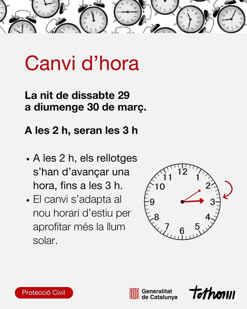⌚ Canvi d'hora

❗ Recorda que aquesta nit es canvia l'hora

🕑➡️🕒 A les 2 h de la matinada seran les 3 h