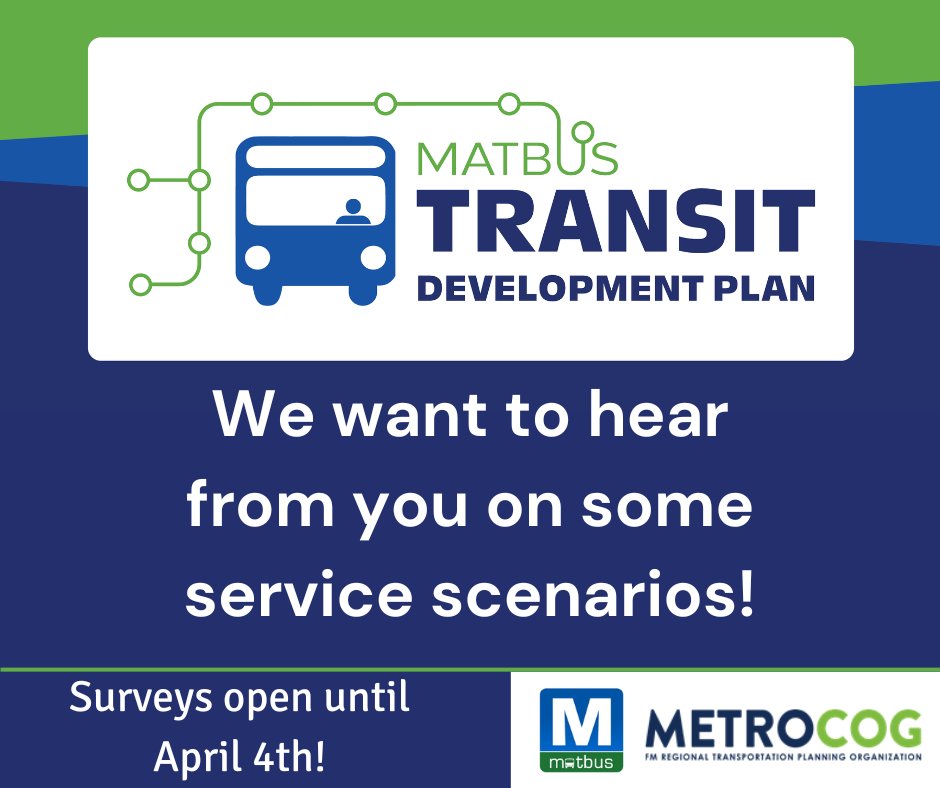 🚍 Help Shape the Future of MATBUS! 🚍
We want to hear from you! Visit our Metro COG TDP project website at bit.ly/MATBUS2030 and give us your feedback on service scenarios.

Your input is crucial in improving our transit services. Let's make MATBUS better together! 🚌💬