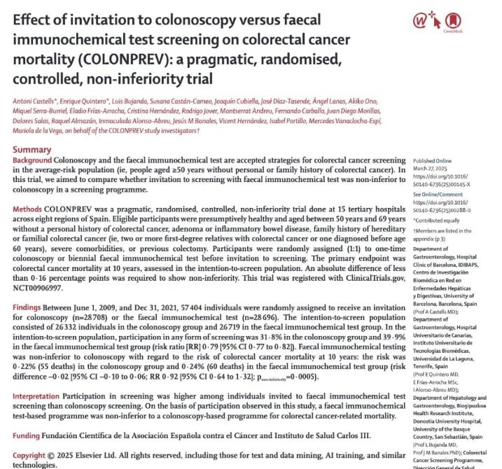 Aegastro (@aegastro) on Twitter photo Publicados en <a href="/TheLancet/">The Lancet</a> los resultados del estudio Colonprev.
Tras 10 años de seguimiento la realización de test inmunológico de sangre oculta en heces cada 2 años no es inferior a la colonoscopia en detección de CCR y en reducción de mortalidad por CCR. Publicados en <a href="/TheLancet/">The Lancet</a> los resultados del estudio Colonprev.
Tras 10 años de seguimiento la realización de test inmunológico de sangre oculta en heces cada 2 años no es inferior a la colonoscopia en detección de CCR y en reducción de mortalidad por CCR.