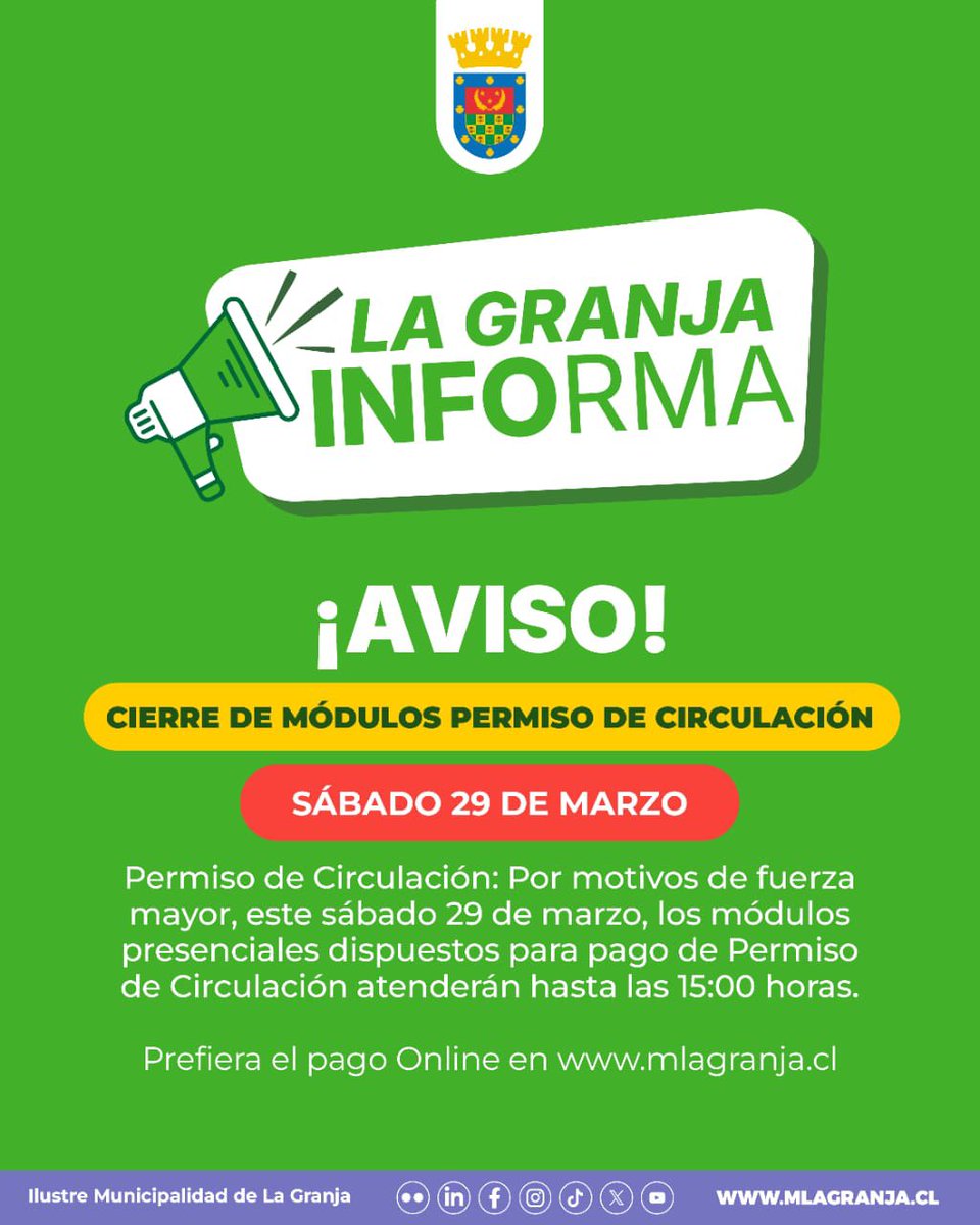 Permiso de Circulación: 
Por motivos de fuerza mayor, este sábado 29 de marzo, los módulos presenciales dispuestos para pago de Permiso de Circulación atenderán hasta las 15:00 horas. 

Prefiera el pago Online en mlagranja.cl
#lagranja #permisodecirculación