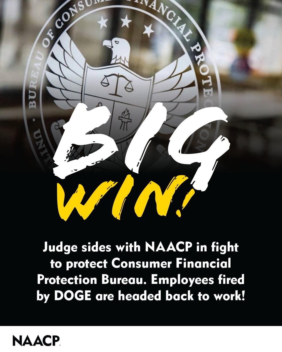 This is a huge win for accountability and justice!

The Consumer Financial Protection Bureau (CFPB) will be able to continue to protect consumers’ rights after the NAACP successfully challenged its disbandment in court.

Together, we can ensure that financial justice remains a