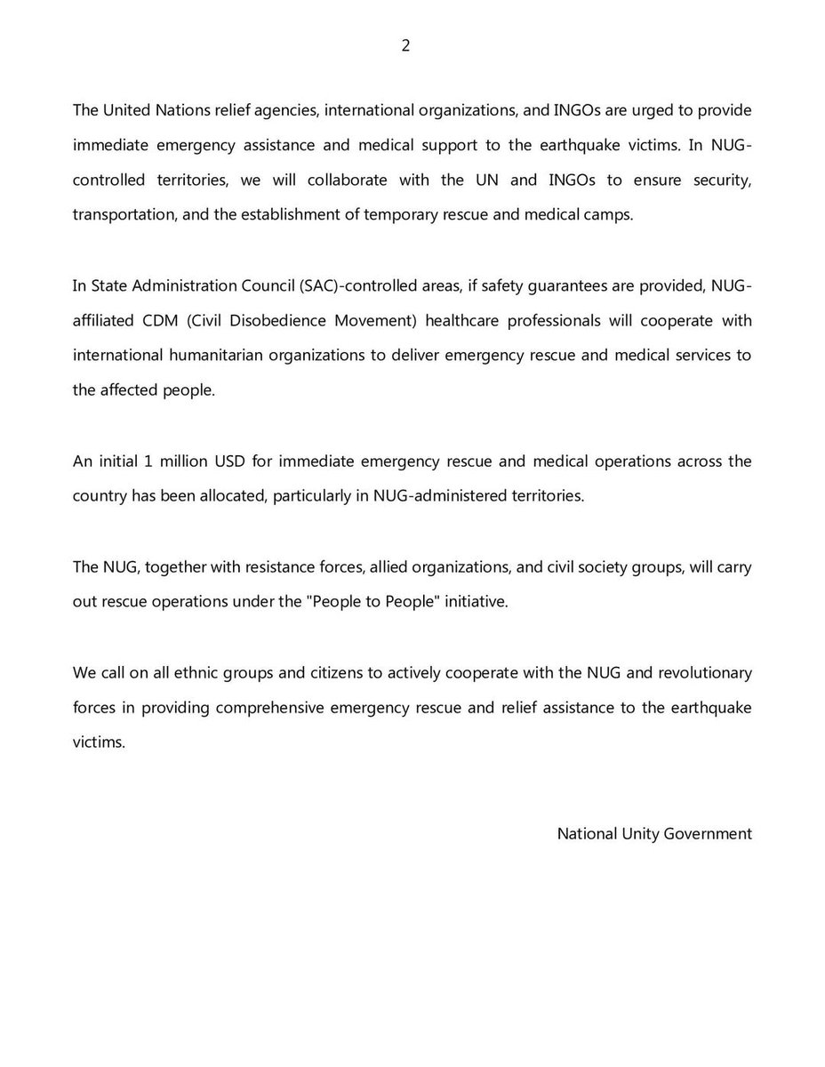 May Wong (@maywongcna) on Twitter photo #Myanmar civilian <a href="/NUGMyanmar/">National Unity Government Myanmar</a> <a href="/mod_nug/">Ministry of Defence</a> & #PDFs to temporarily pause "offensive military actions" for 2 weeks in #MyanmarEarthquake-affected areas with immediate effect. Urges <a href="/UN/">United Nations</a> agencies & NGOs to assist. #NUG allocated initial USD$1 million to help in NUG-administered areas #Myanmar civilian <a href="/NUGMyanmar/">National Unity Government Myanmar</a> <a href="/mod_nug/">Ministry of Defence</a> & #PDFs to temporarily pause "offensive military actions" for 2 weeks in #MyanmarEarthquake-affected areas with immediate effect. Urges <a href="/UN/">United Nations</a> agencies & NGOs to assist. #NUG allocated initial USD$1 million to help in NUG-administered areas