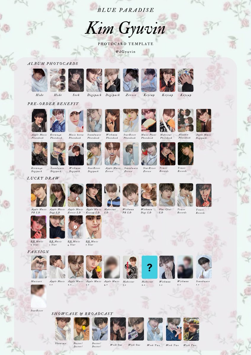 ZEROBASEONE 5th Mini Album BLUE PARADISE Kim Gyuvin Photocard Template

• Scans ctto!
• I will update it if I knew the name of the photocards that has not included
• HQ: drive.google.com/drive/folders/…

#ZEROBAESONE #ZB1 #제로배이스원 #제베원 #KIMGYUVIN #김규빈