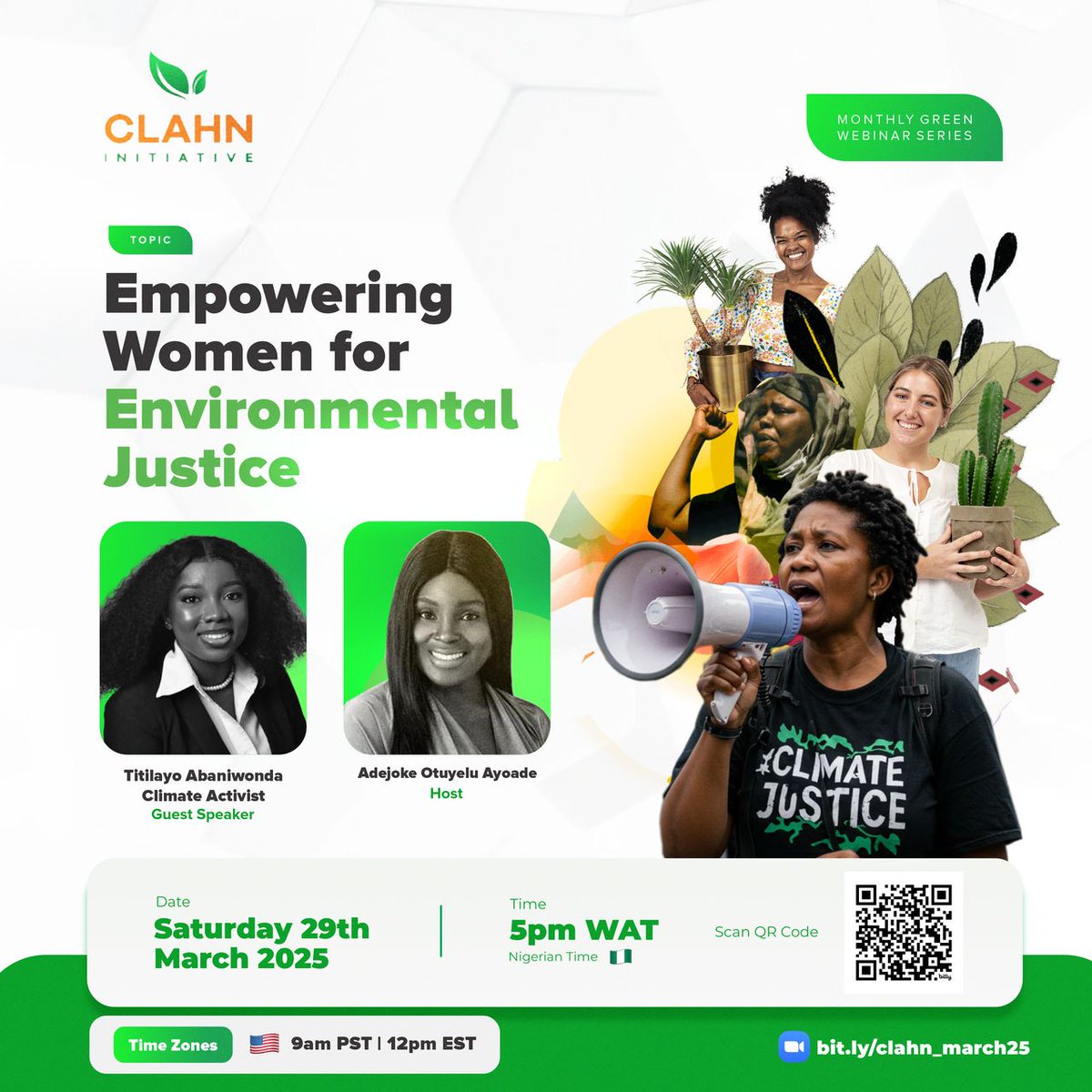 🚨 LIVE NOW! Join the Conversation on Environmental Justice with Titilayo Abaniwonda, a passionate climate activist, and Adejoke Otuyelu Ayoade, our host, as they dive into the crucial role women play in shaping a sustainable future. 

🔗 bit.ly/clahn_march25)

#WomensMonth