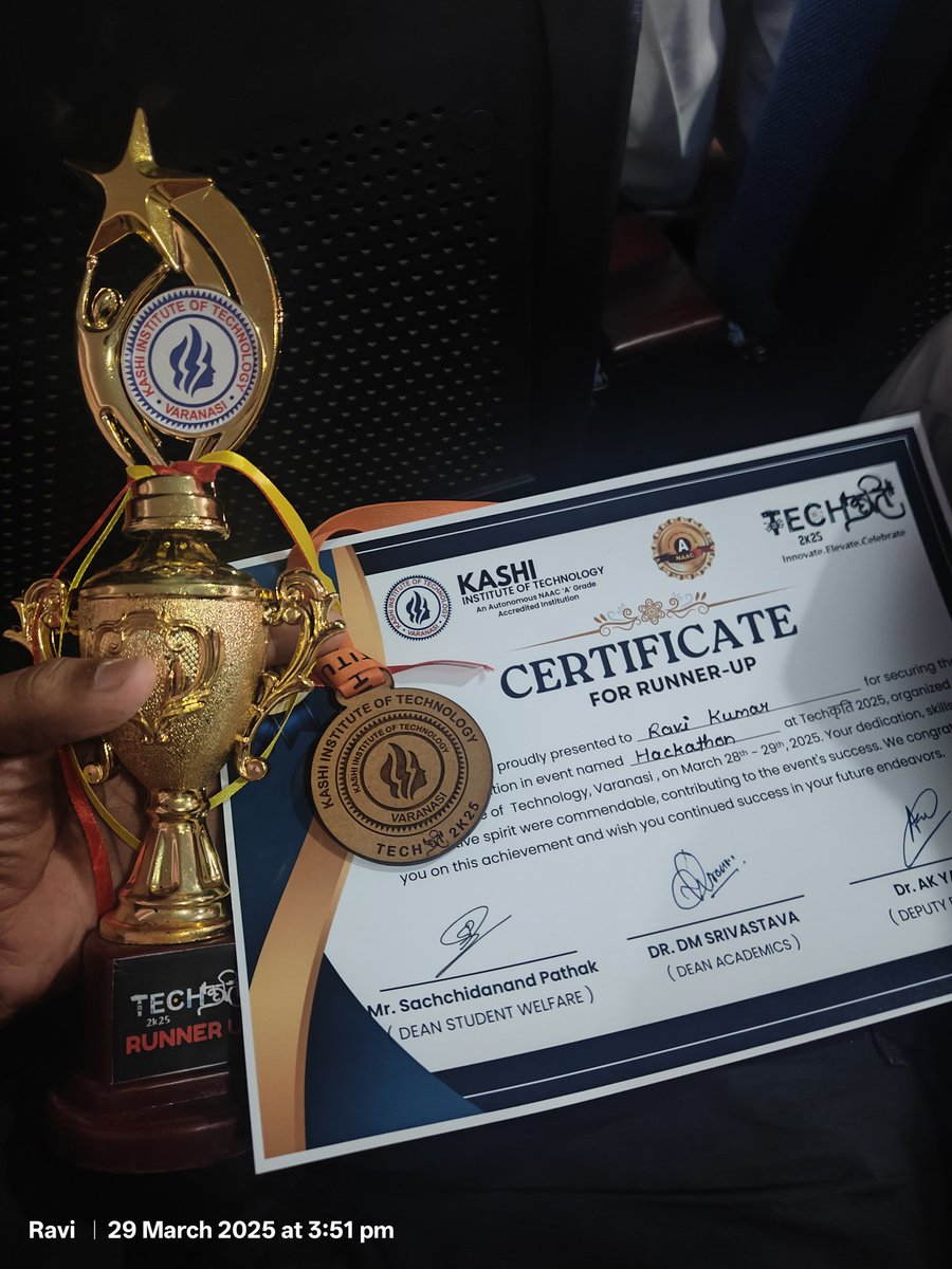 dripexcode's tweet image. Thrilled to have secured Runner-Up at Hackathon 2025 organized by Kashi Institute of Technology! 🙌 Grateful for the opportunity to showcase my skills and collaborate with amazing minds. Onward and upward! 🚀 #Techathon2025 #Hackathon #Innovation #Achievement #TechCommunity