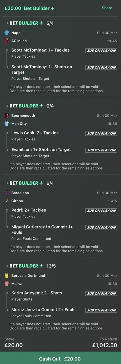 SUNDAY LONGSHOT BET BUILDER! 😍

• £20 INTO £1,000

Napoli vs AC Milan
Bournemouth vs Man City
Barcelona vs Girona
Borussia Dortmund vs Mainz

SMASH LIKE ♥️ if you are joining in