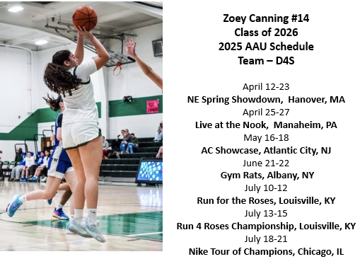 Zoey Canning (@zoeycanning2026) on Twitter photo Can't wait for AAU season to start! Here's my tournament schedule with my team D4S. <a href="/BashHoopsNE/">Bash Hudson</a> <a href="/PGHNewEngland/">Prep Girls Hoops New England</a> <a href="/EJayArrow/">E J 🏀</a> Can't wait for AAU season to start! Here's my tournament schedule with my team D4S. <a href="/BashHoopsNE/">Bash Hudson</a> <a href="/PGHNewEngland/">Prep Girls Hoops New England</a> <a href="/EJayArrow/">E J 🏀</a>