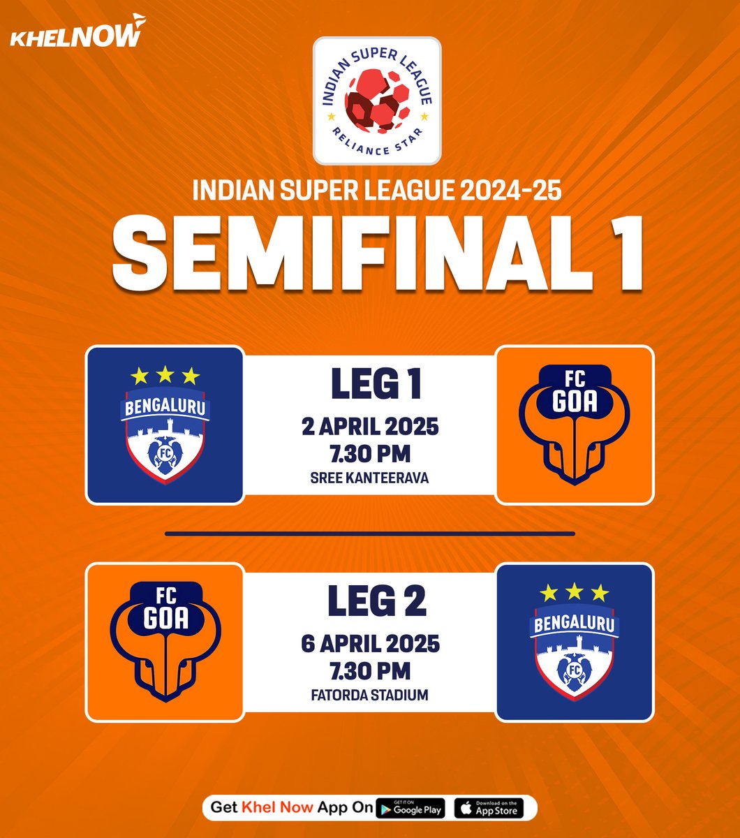 KhelNow's tweet photo. The first semifinal of ISL 2024-25 are SET! Bengaluru FC will take on FC Goa for a spot in the final!
#IndianFootball #ISL #LetsFootball #ISLSemis #BengaluruFCvsFCGoa #bfcvsfcg https://t.co/5hjtc9ZdZd