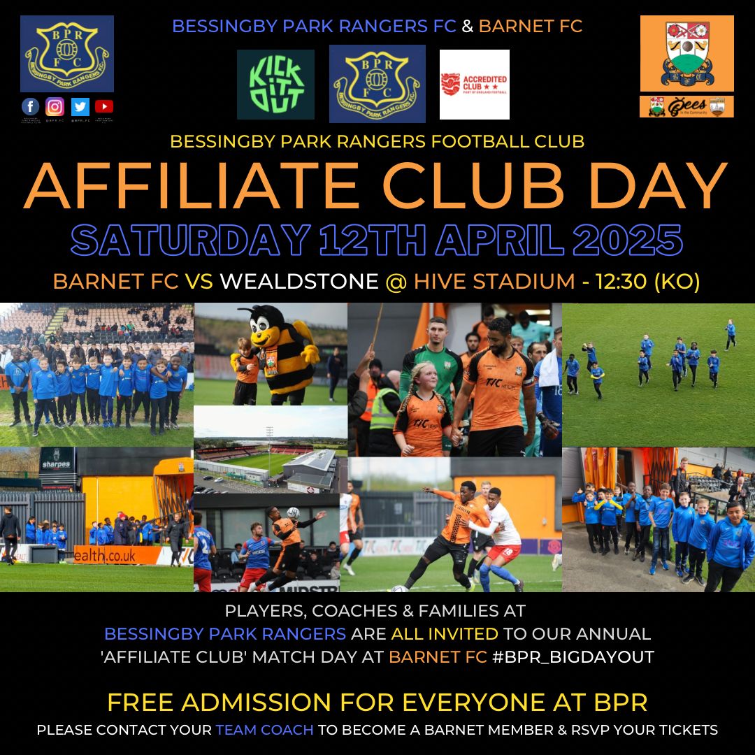 BPR_FC's tweet photo. Details for @BPR_FC 's @BarnetFC affiliate club day. Come cheer on the Bess vs. their closest rivals @WealdstoneFC on Saturday, 12th April 2025, KO 12.30pm https://t.co/UySrgvtaPF