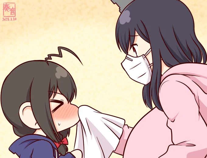 「ぺっくち!」「あら、またくしゃみしてるのね。 ほら、ちーんして」「ちーん!」「花粉かしら… それとも黄砂…?」#ママ城とちびしぐ 