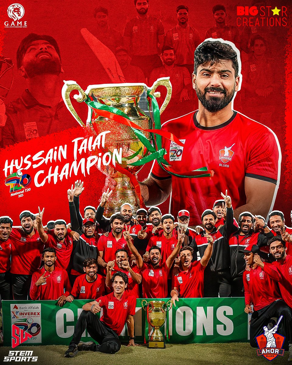 Congratulations to our client, Hussain Talat for being part of the victorious team in National T20 Cup and leading by example as Skip 🫡

Well Done to all involved with Lahore Blues🏆🔥

#Cricket #HussainTalat #LahoreBlues #Champions #NT20 #OneTeamOneDream #StemSports