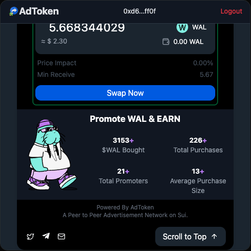 ad_token_'s tweet photo. π₯ Day 2 Update β Youβre Killing It! π₯
@SuiNetwork fam, your response to our on-swap tweets has us speechless! π
Thanks for showing upβletβs keep this rocket flying.
π Launch Analytics (Day 1-2):
Total #WAL Bought β 3,153 $WAL
Total On-Chain Purchases Inside X β 226
Total Promoters β 21
Average Purchase Size β 13 $WAL
By the way, @elonmusk did you know @X can do this? Buy tokens in a tweet! π€―π
#WAL #SuiEcosystem
@WalrusProtocol