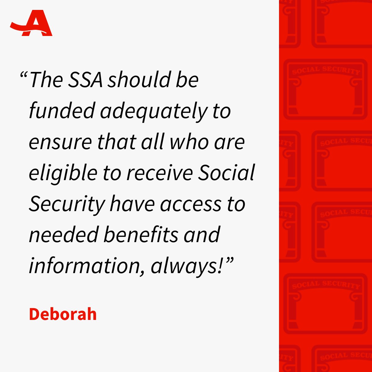 AARP is fighting to protect your Social Security. We're asking for 3 things:
1) Social Security will make payments on time. 2) Claims will be processed on time. 3) Customer service will be a top priority. 

Tell lawmakers: Protect Social Security! spr.ly/6012FDK6I